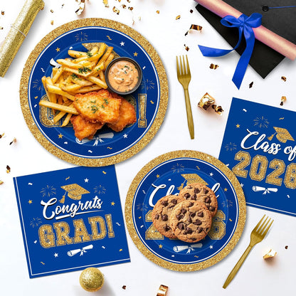 200Pcs Graduation Decorations 2026, Blue Graduation Plates and Napkins Party Supplies for 50 Guests, Disposable Grad Plates, Napkins, Dessert Plates and Forks for Grad Decor Wedding Birthday Supplies