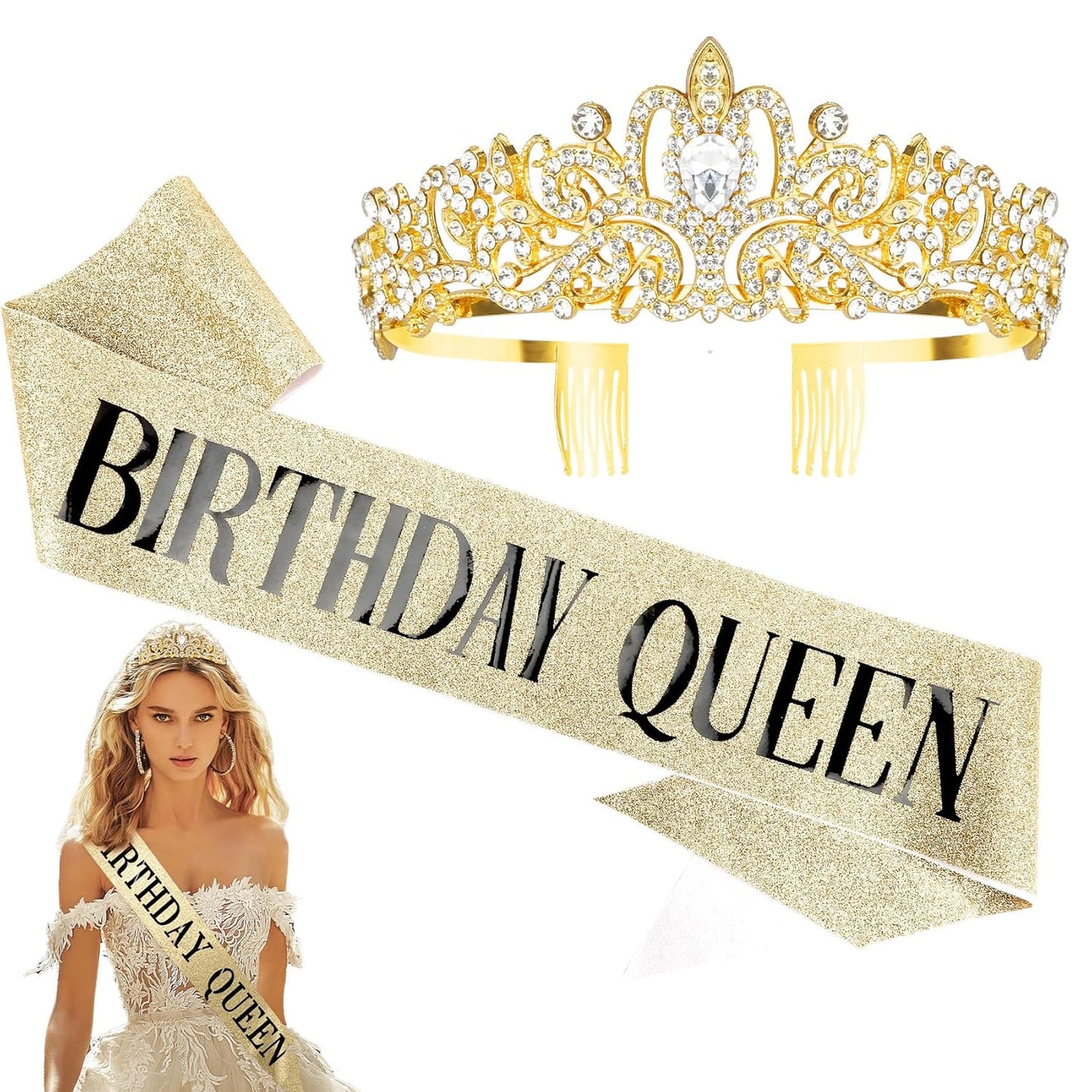Birthday Sash for Women,Birthday Crown Tiaras for Women,Gold Rhinestone Queen Sash and Crown Tiara Headband for Party Decorations