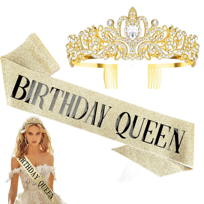 Birthday Sash for Women,Birthday Crown Tiaras for Women,Gold Rhinestone Queen Sash and Crown Tiara Headband for Party Decorations