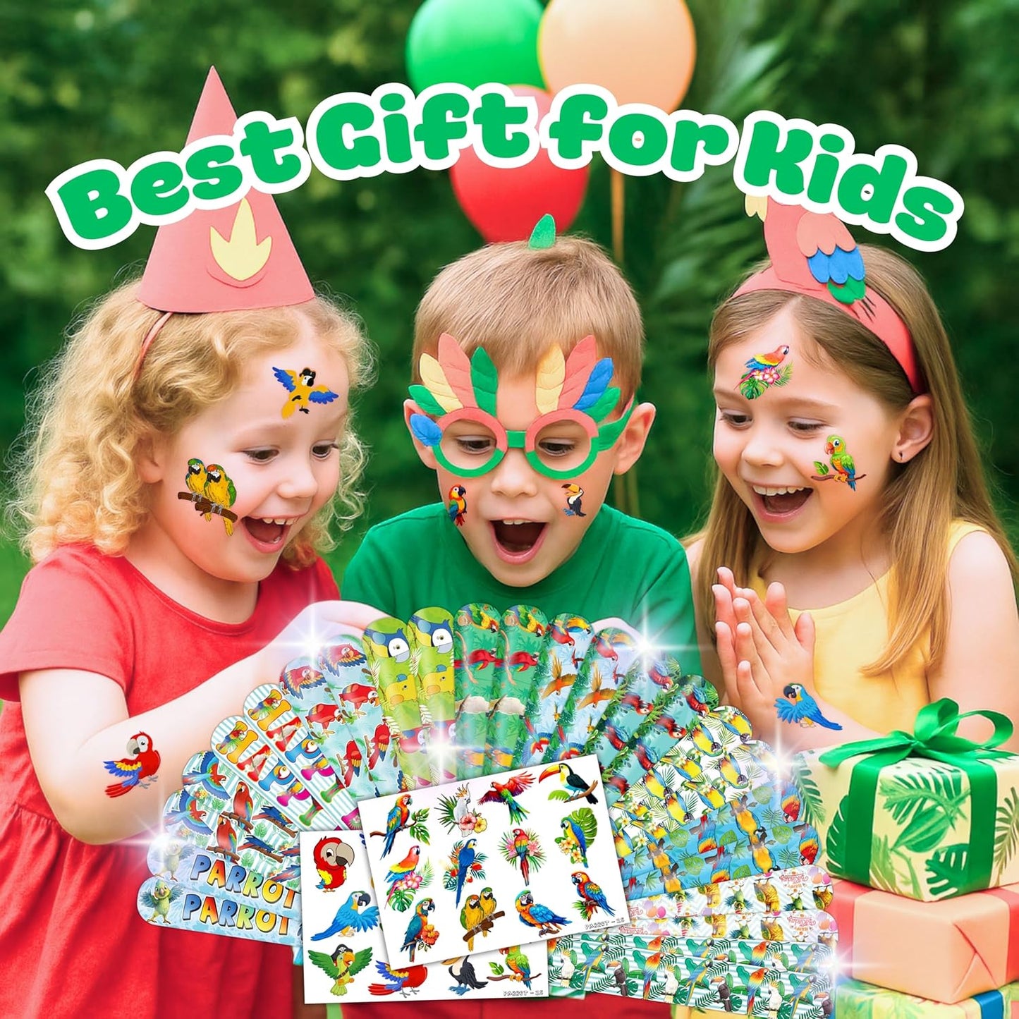 Cherisnowy 48PCS Parrot Party Set - 24PCS Temporary Tattoos & 24PCS Slap Bracelets - Tropical Birthday Supplies, Baby Shower Gifts, Classroom Rewards & Party Decor for Kids (Boys & Girls)