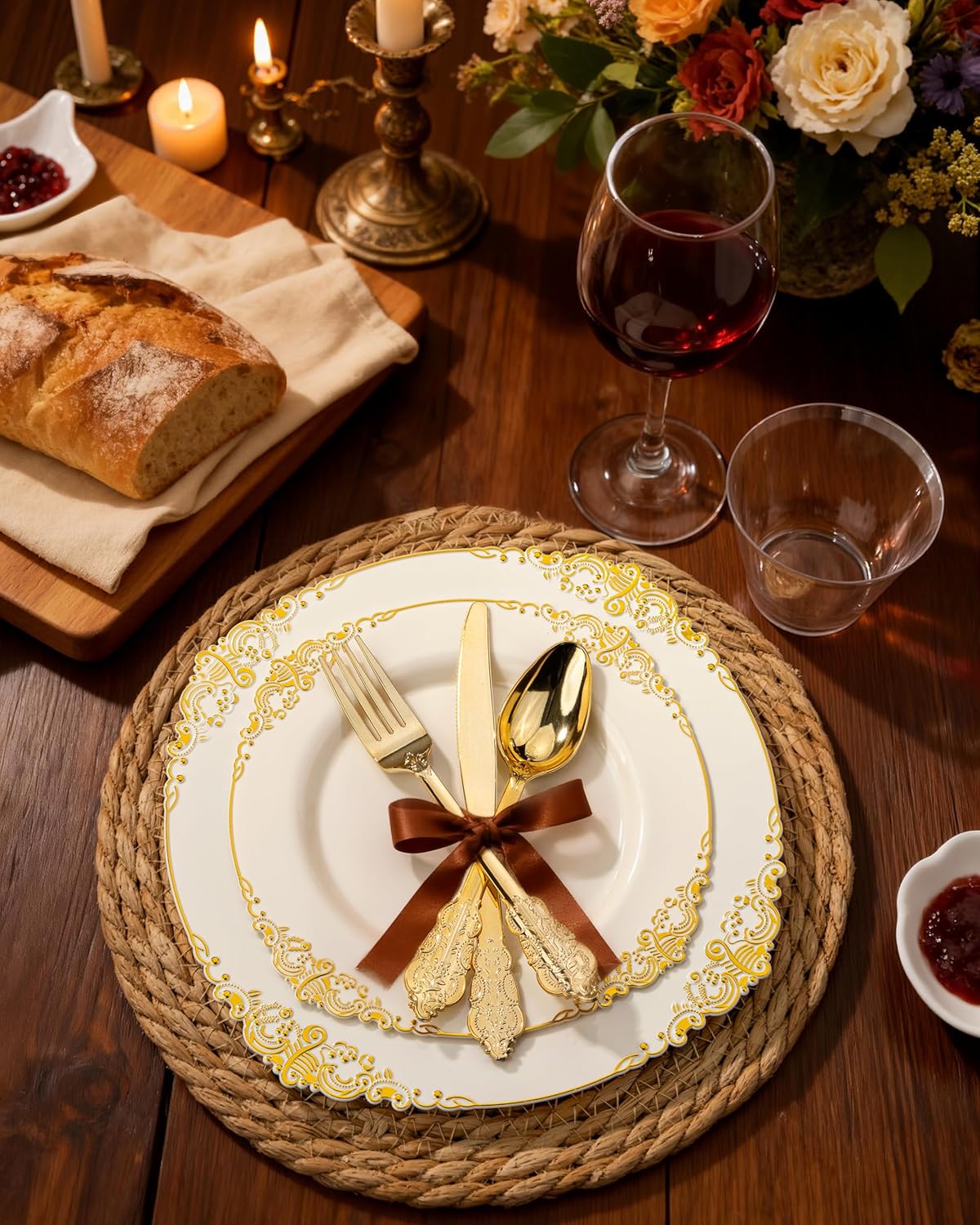 Nervure 350PCS Gold Plastic Plates - Gold Plastic Dinnerware Sets for 50 Guests - 100 Disposable Plates, 150 Silverware, 50 Cups, 50 Napkins for Wedding & Party & Mothers Day