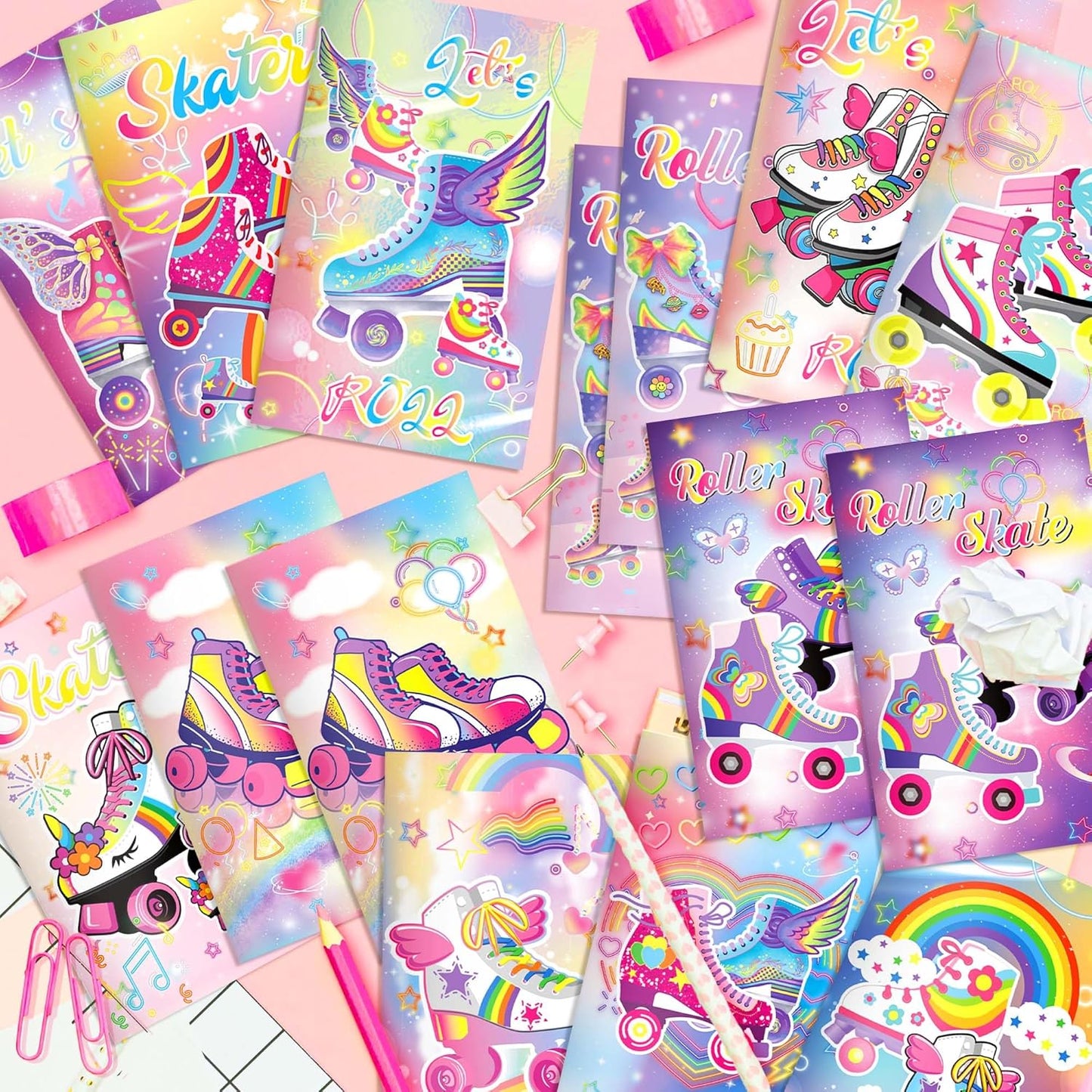 OXYLIPO 24 PCS Roller Skate Party Favors Roller Skating Notebook Roller Small Notepads for Retro Theme Party Favors, 60s 80s Themed Birthday Goodie Bags Stuffers, Roller Skating Fans Activity Books