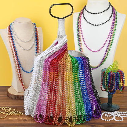 EOBOH 144PCS Mardi Gras Beads, Metallic 12 Kinds Bead Necklace Party Supplies, 33" Mardi Gras Necklace Costume Stuff, Festival Parade Throw Accessories for Wedding Birthday Celebrations Decorations
