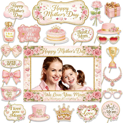 Mother's Day Decorations Photo Booth Props with Large Frame, 23 PCS Pink Floral Mother's Day Party Supplies, Best Mom Ever Celebration Backdrop, Selfie Props for Mother's Day Party & Brunch