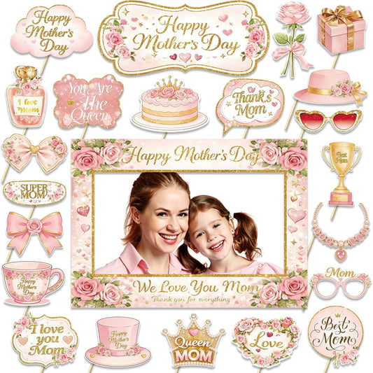Mother's Day Decorations Photo Booth Props with Large Frame, 23 PCS Pink Floral Mother's Day Party Supplies, Best Mom Ever Celebration Backdrop, Selfie Props for Mother's Day Party & Brunch