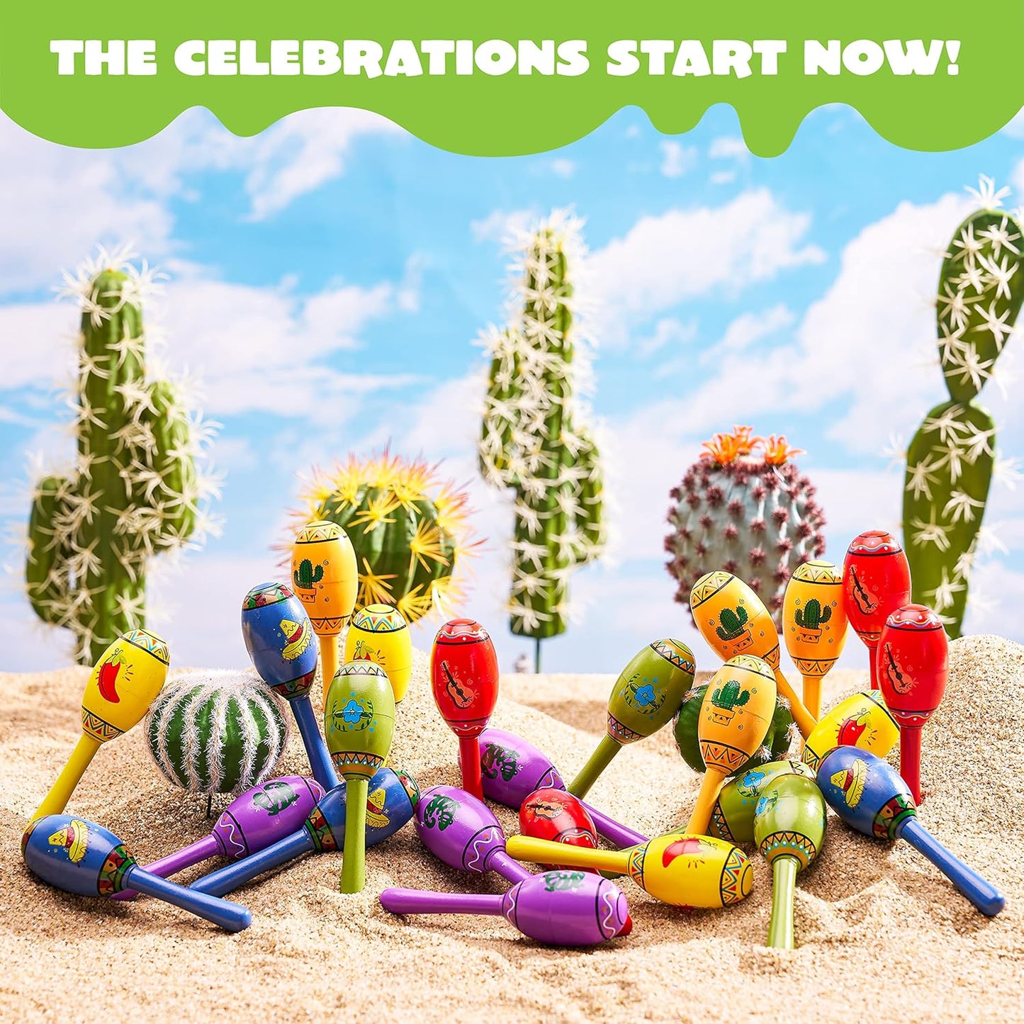JOYIN 24 Mini Wooden Fiesta Maracas 6 Designs Noisemaker for Mexican Fiesta, Cinco De Mayo Party Favors, Musical Fun, Birthday Parties, Luau Party, Carnivals, Taco Tuesday Event
