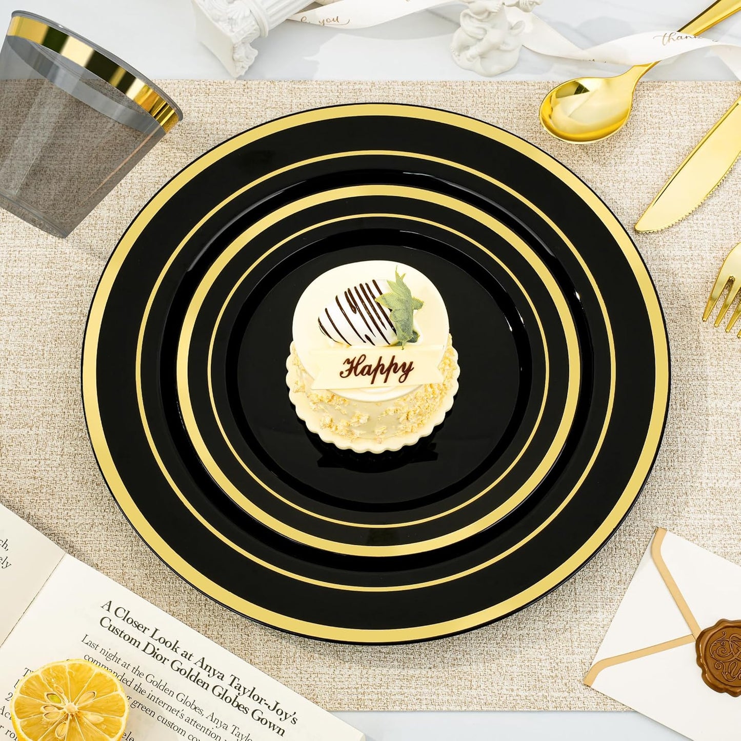 BESTVIP 350PCS Gold Plastic Dinnerware Set, Disposable Party Plates for 50 Guests, Include: 100 Plastic Plates, 50 Pre Rolled Napkins with Gold Silverware, 50 Cups