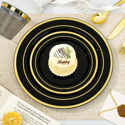 BESTVIP 350PCS Gold Plastic Dinnerware Set, Disposable Party Plates for 50 Guests, Include: 100 Plastic Plates, 50 Pre Rolled Napkins with Gold Silverware, 50 Cups