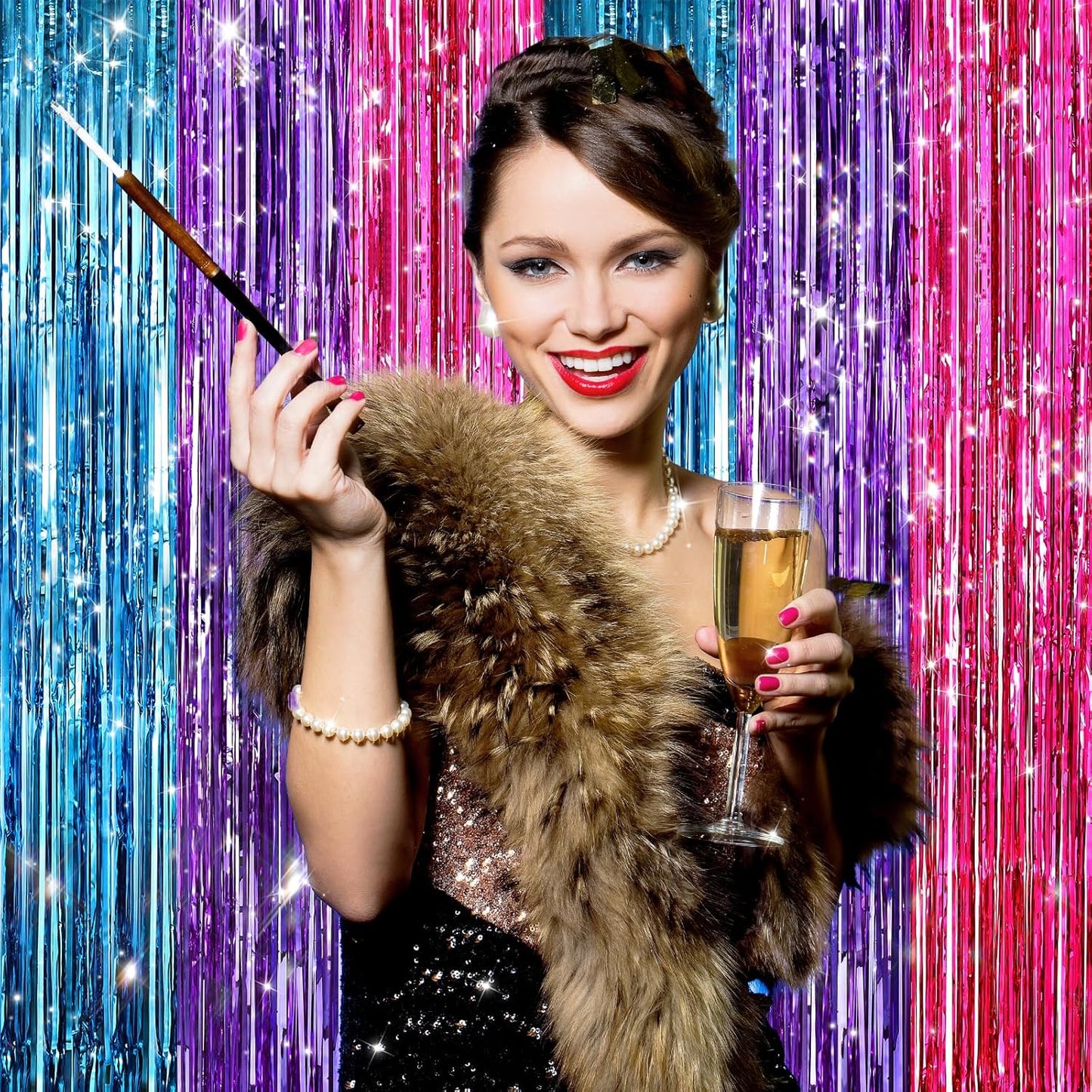 GCB 2Pack Black Metallic Tinsel Foil Fringe Curtains, Black Foil Curtain Backdrop, Photo Booth Props for Birthday Wedding Baby Shower Bachelorette Xmas Celebration Party Decorations Door Streamers