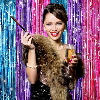 GCB 2Pack Black Metallic Tinsel Foil Fringe Curtains, Black Foil Curtain Backdrop, Photo Booth Props for Birthday Wedding Baby Shower Bachelorette Xmas Celebration Party Decorations Door Streamers