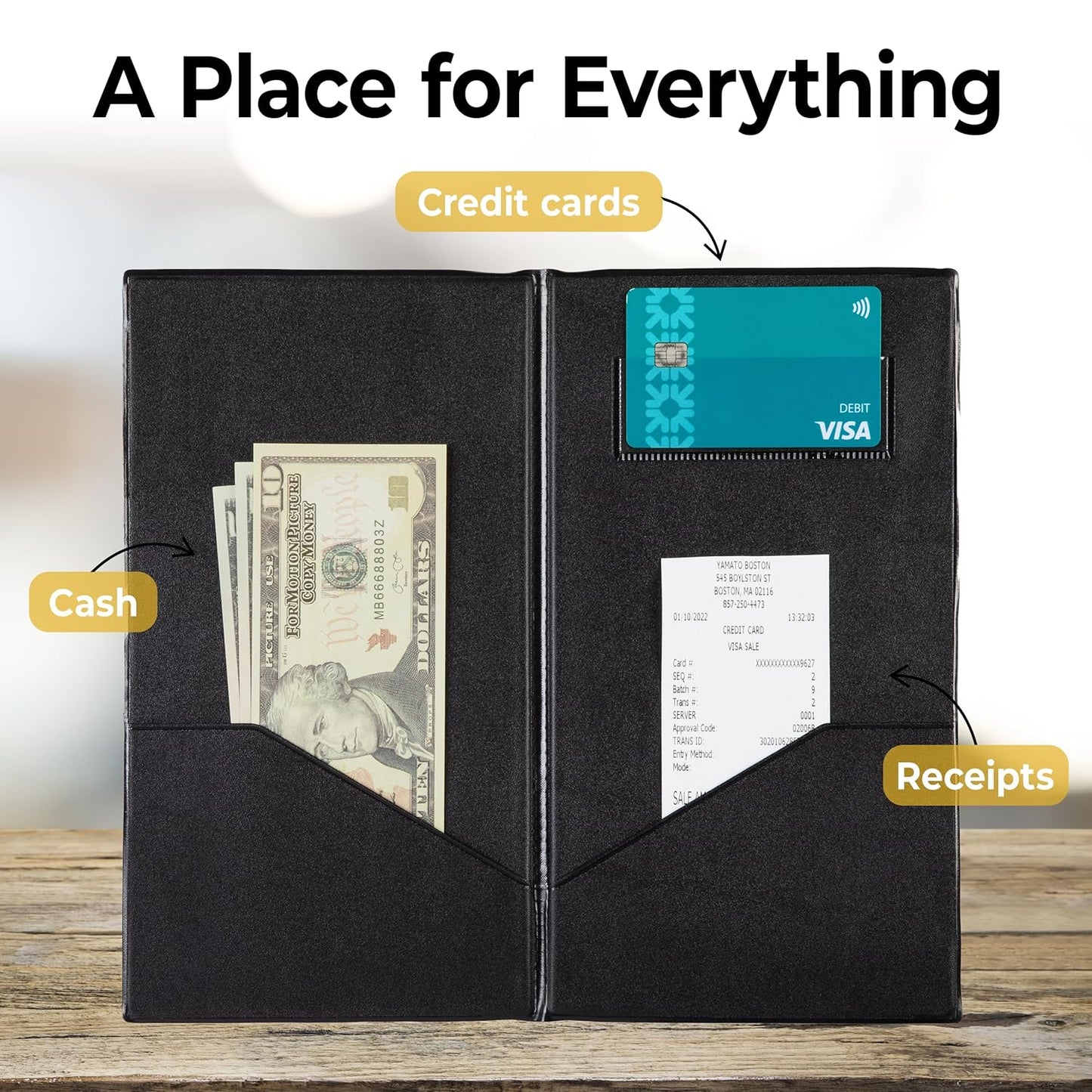Restaurant Check Presenters - Guest Check Card Holder with Gold Thank You Imprint - 5.5" x 10" Black 20 Pack, Standard Server Book - Waitress Book