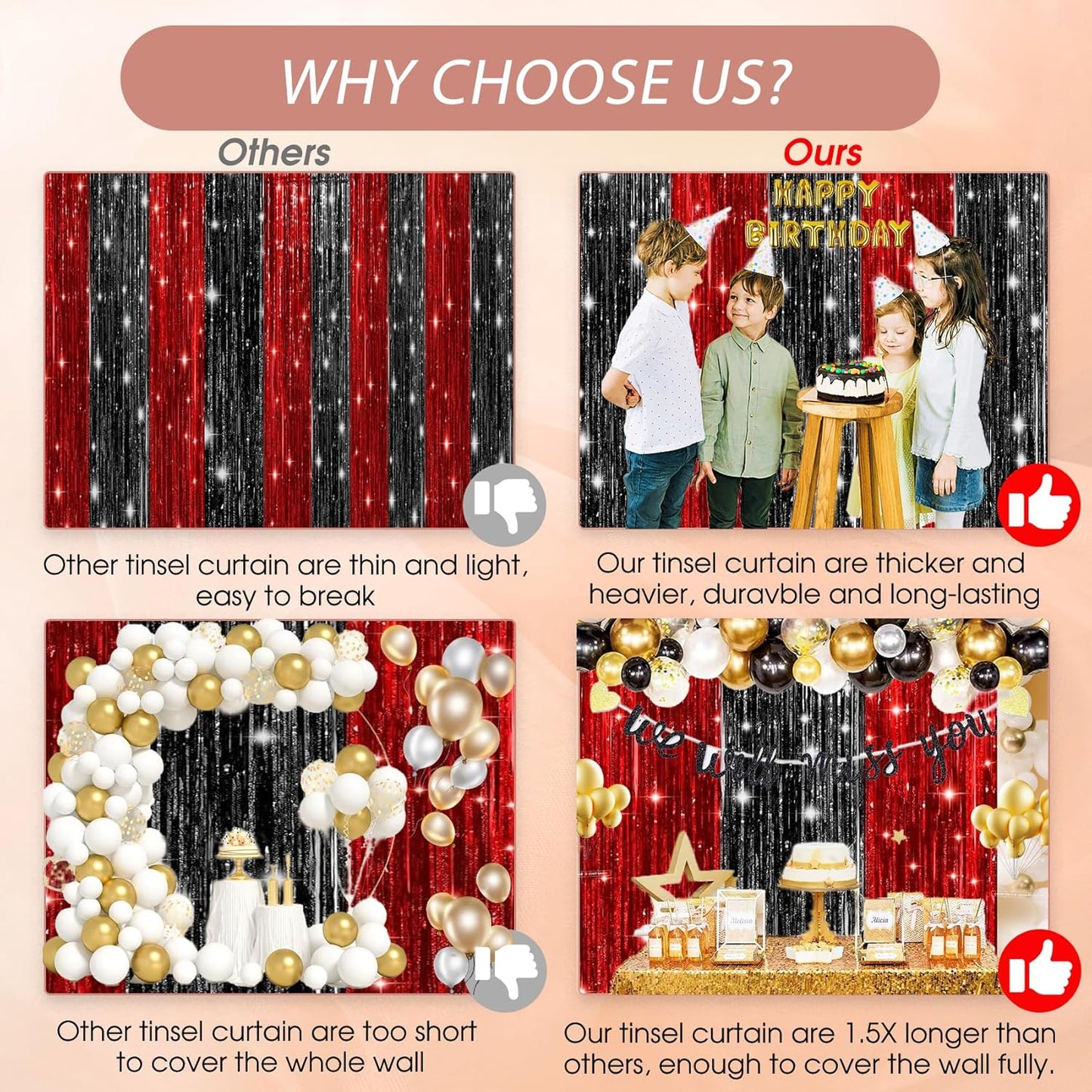 Birthday Party Decorations: 3 Pack 3.3 x 9.9 ft Gold Foil Fringe Curtains Party Supplies, Tinsel Curtain Backdrop for Parties/Birthday/Photo Booth