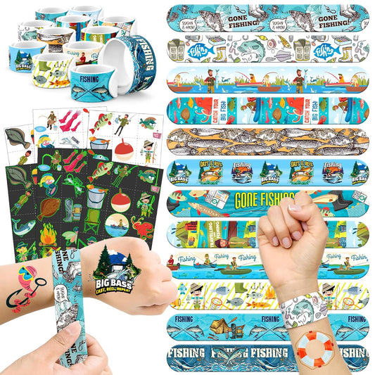 96 PCS Fishing Party Favors Set – 72 Pre-Cut Temporary Tattoos & 24 Slap Bracelets for Kids, Perfect for Outdoor Birthday Parties, Camping Adventures & Classroom Rewards