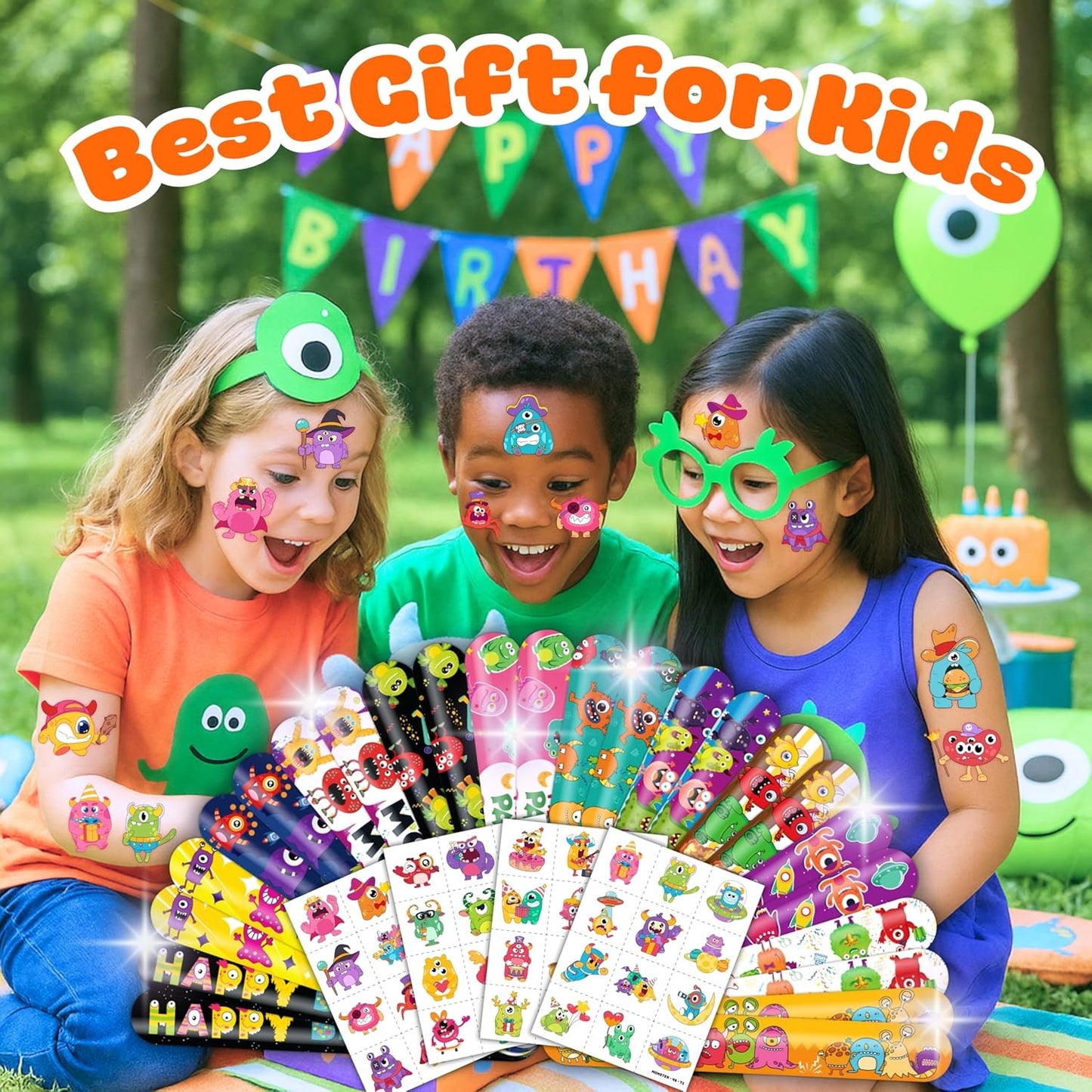 72PCS Monster Party Set - 48PCS Temporary Tattoos & 24PCS Slap Bracelets - Fun Monster-Themed Birthday Supplies, Baby Shower Gifts, Classroom Rewards & Party Decorations for Kids (Boys & Girls)