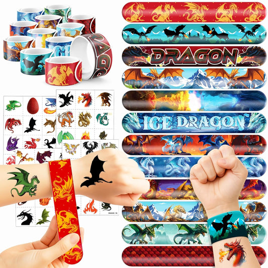 72PCS Dragon Party Favors Set | 48PCS Temporary Pre-cut Tattoos & 24PCS Slap Bracelets Fun Fantasy Themed Birthday Supplies, Baby Shower Gifts, Classroom Rewards & Party Decor for Kids (Boys & Girls)