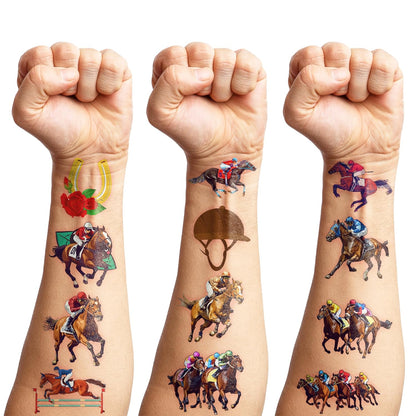 96 PCS Kentucky Derby Pre Cut Temporary Tattoos - Run For The Roses Horse Racing Fake Tattoos for Kids & Adults, Birthday Party Favors, Supplies & Classroom Prizes