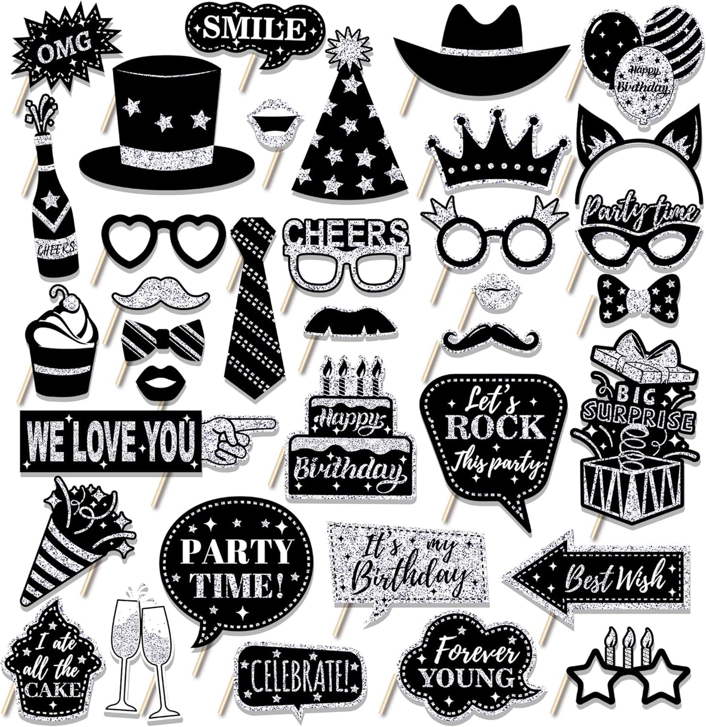 36 PCS Birthday Photo Booth Props Party Supplies Holiday Picture Decorations Photo Booth Props for Birthday Party Favors Pose Sign Kit Fun for Party (Purple and Black)
