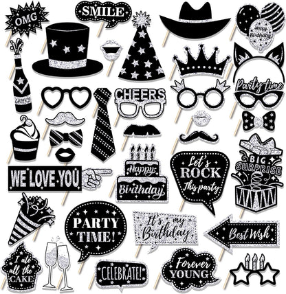 36 PCS Birthday Photo Booth Props Party Supplies Holiday Picture Decorations Photo Booth Props for Birthday Party Favors Pose Sign Kit Fun for Party (Purple and Black)