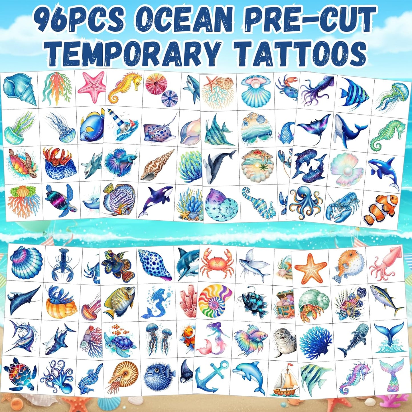 96PCS Ocean Temporary Tattoos Stickers - Under The Sea Themed Birthday Party Favors Adventure Ocean Birthday Party Decorations Accessories Supplies Gift For Kids Teens Adult Classroom Prizes Rewards