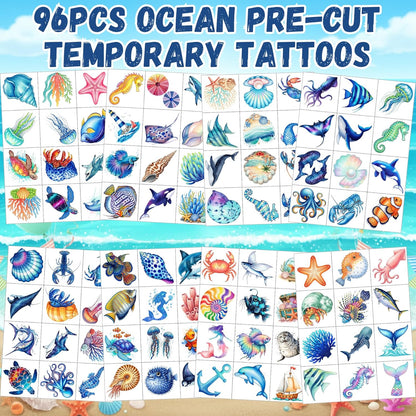 96PCS Ocean Temporary Tattoos Stickers - Under The Sea Themed Birthday Party Favors Adventure Ocean Birthday Party Decorations Accessories Supplies Gift For Kids Teens Adult Classroom Prizes Rewards