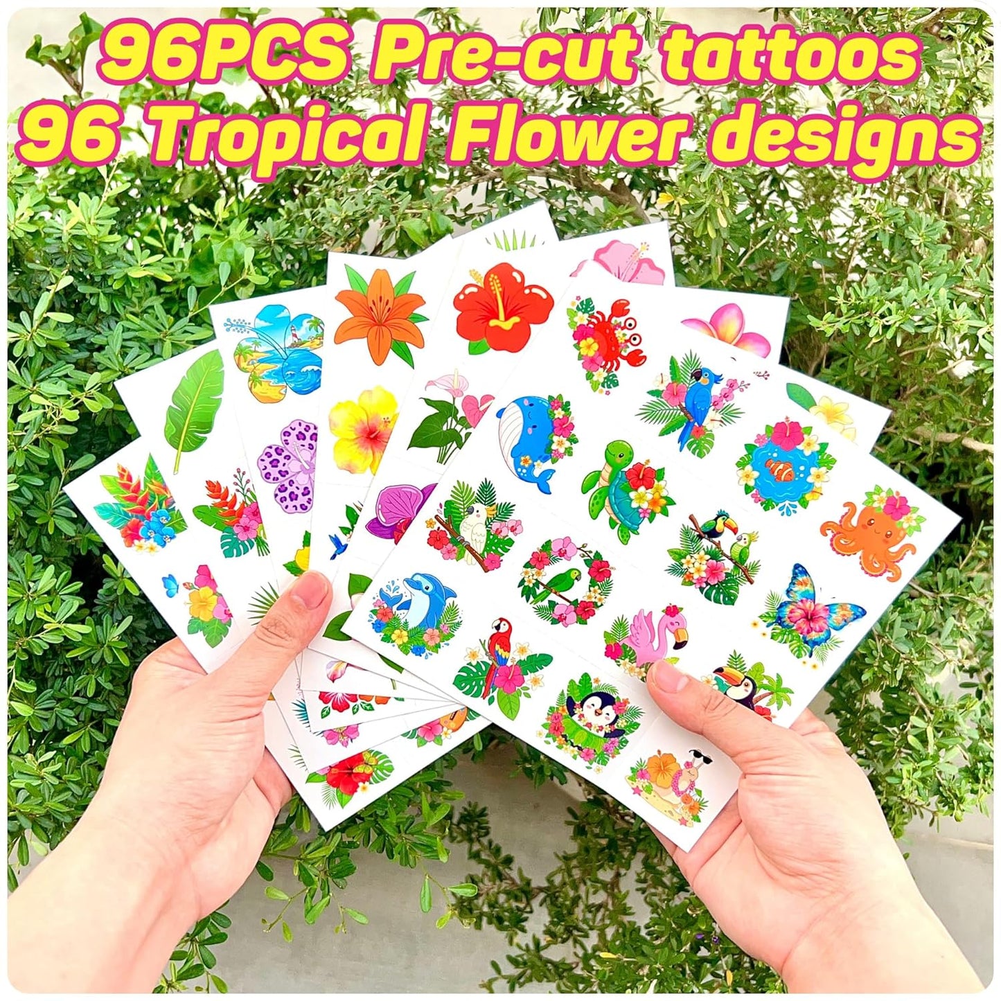 96PCS Tropical Flower Temporary Tattoos Stickers - Summer Hawaii Themed Party Favors Party Decorations Accessories Supplies Hibiscus Plumeria Gift Idea For Kids Teens Adult Classroom Prizes Rewards