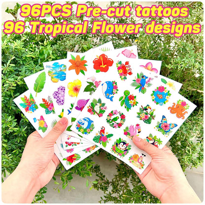 96PCS Tropical Flower Temporary Tattoos Stickers - Summer Hawaii Themed Party Favors Party Decorations Accessories Supplies Hibiscus Plumeria Gift Idea For Kids Teens Adult Classroom Prizes Rewards