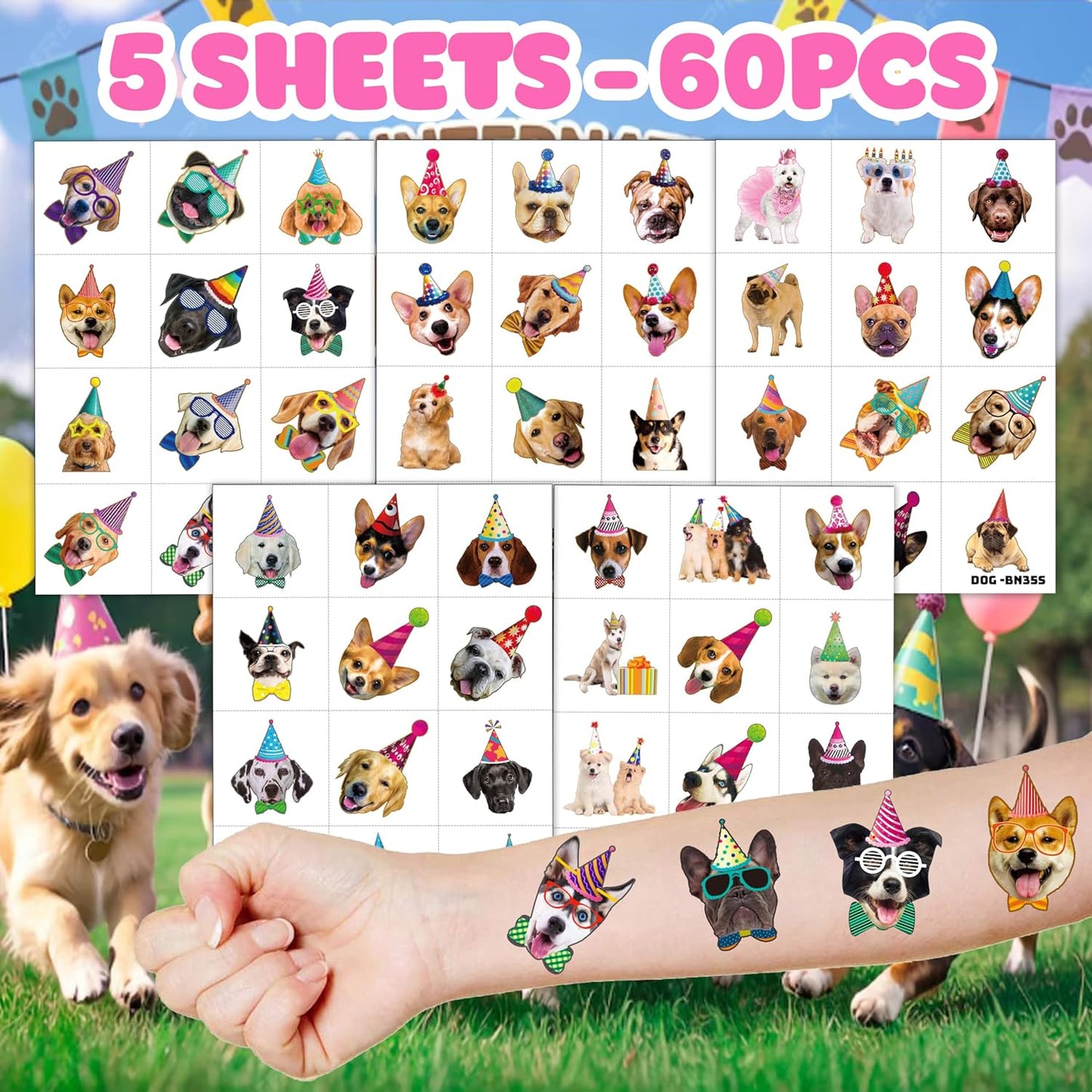 96PCS Dog Party Temporary Tattoos Stickers for Kids – Pre-Cut, Waterproof & Skin-Safe | Cute Puppy Theme 1st 2nd Birthday Supplies, Party Favors, Decorations (Normal)