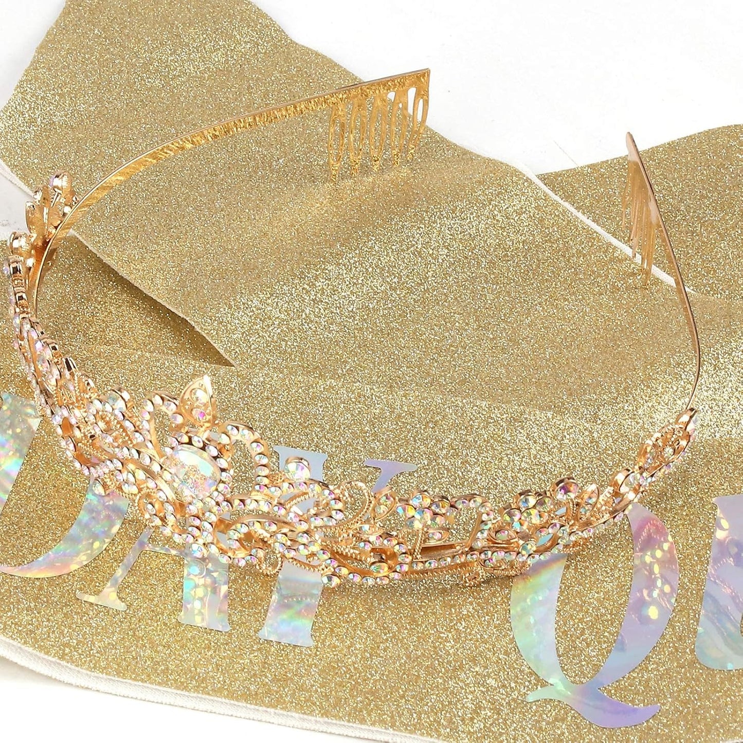 COCIDE Birthday Queen Sash & Rhinestone Tiara Set Gold Happy Birthday Crowns for Women Party Decoration Kit Rhinestone Headband for Women Glitter Crystal Hair Accessories for Cake Topper