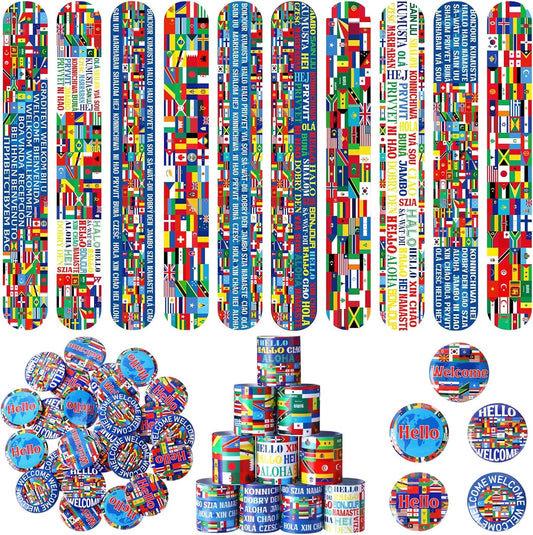 Outus 60 Pcs International Flags of The World Party Favors: 30 Around The World Slap Bracelets, 30 Button Pins, Country Flags International Party Favor Globe History Classroom Decorations Supplies