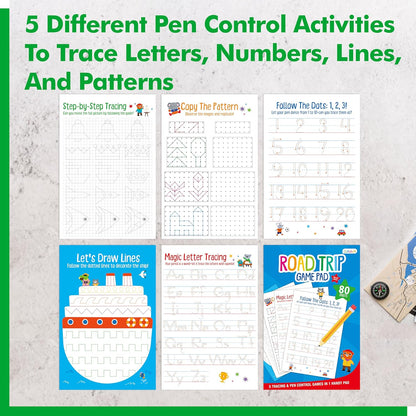 Road Trip Game Pad, 5 Games in 1 (Farm Animals, Car Colors, Buildings, Traffic Signs, Vehicles Scavenger Hunt Bingo), Pen Pencil Paper Game, Plane Trip/ Car Travel/Getaway Activity Pad for Kid, Adult