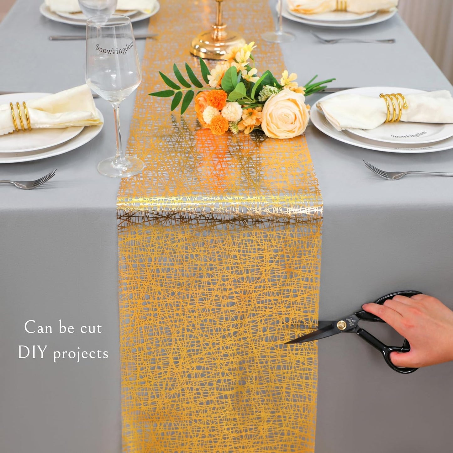 Snowkingdom 2 Pieces Gold Table Runner, Sequin Glitter Foil Metallic Thin Mesh Runner Roll 11"x108", Gold Table Decorations for Event Party, Wedding, Birthday Party, Christmas