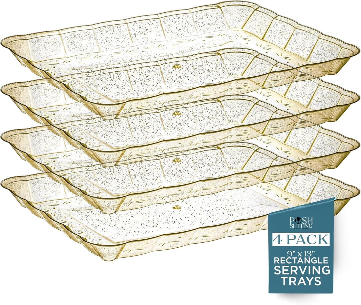 Posh Setting - Glitter Gold Serving Trays for Party, 9x13 Plastic Platters & Food Trays