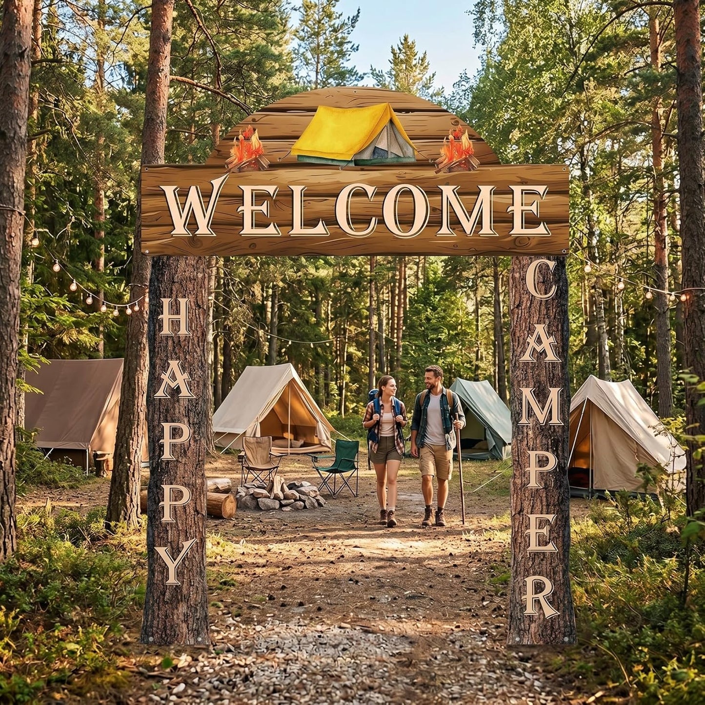 Peryiter 3 Pcs Camping Themed Party Decorations Banner Welcome Porch Sign with 1 Double Sided Tape for Summer Camp Birthday Hawaii Baby Shower Themed Party Activity Decor door (Forest Style)