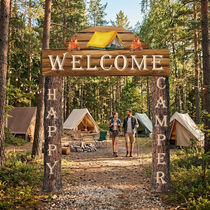 Peryiter 3 Pcs Camping Themed Party Decorations Banner Welcome Porch Sign with 1 Double Sided Tape for Summer Camp Birthday Hawaii Baby Shower Themed Party Activity Decor door (Forest Style)