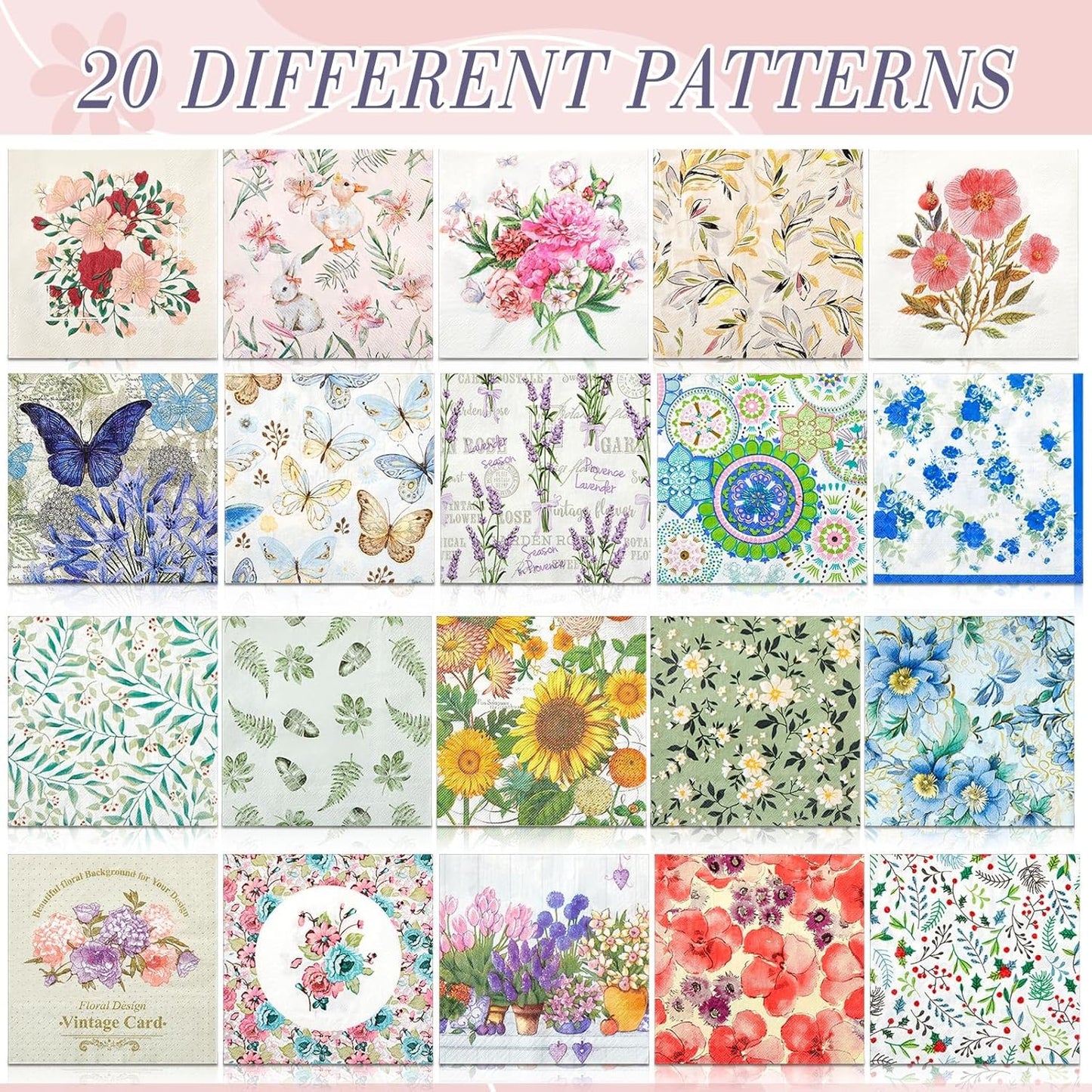 Crtiin 20 Pack Decoupage Napkins Floral Napkins Flower Cocktail Paper Decorative Toilet for Valentine's Day Birthday Party Beautiful Gorgeous, 20 Styles Each 6.5 Inches(Style 1)