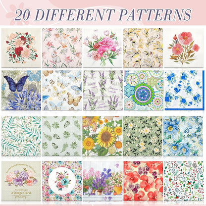Crtiin 20 Pack Decoupage Napkins Floral Napkins Flower Cocktail Paper Decorative Toilet for Valentine's Day Birthday Party Beautiful Gorgeous, 20 Styles Each 6.5 Inches(Style 1)
