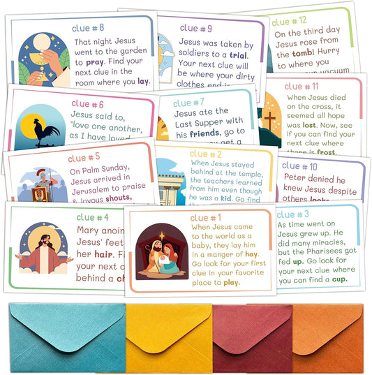 Religious Easter Scavenger Hunt Clue Cards, Christian Scavenger Hunt Games for Adults, Sunday Holy Week Easter Party Supplies Activities Outdoor Indoor(12 Clues Cards with Envelopes), 05
