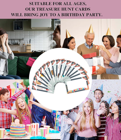 Happy Birthday Treasure Hunt Clues Game Cards, Birthday Party Scavenger Hunt Card Game(16 Cards with Colourful Envelopes), Indoor Outdoor Party Game Supply for Adults Family Teacher Student(A05)