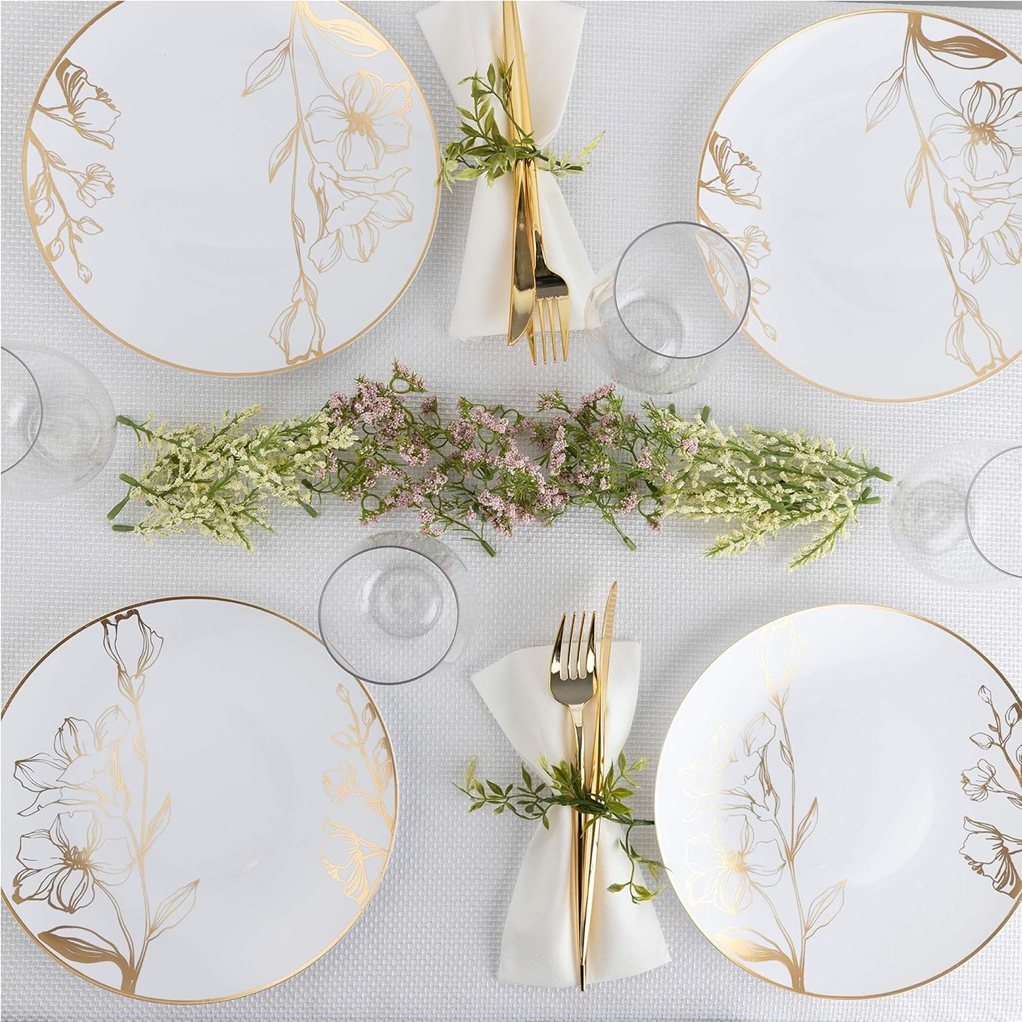 PLASTICPRO [16 OZ 20 Count] White Plastic Floral Design Party Soup bowls With Gold Rim Premium heavyweight Elegant Disposable Tableware Dishes