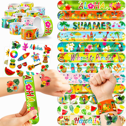 Cherisnowy 48PCS Hawaiian Party Set - 24PCS Temporary Tattoos & 24PCS Slap Bracelets - Summer-Themed Birthday Supplies, Baby Shower Gifts, Classroom Rewards & Party Decor for Kids (Boys & Girls)