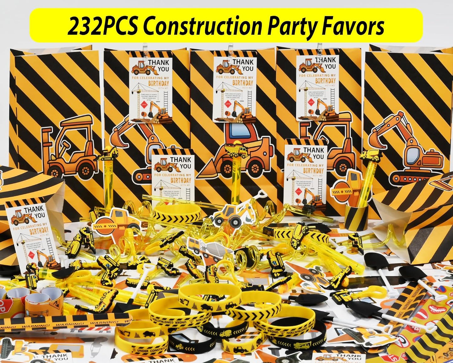 PLOUGVI 232PCS Construction Birthday Party Supplies Decorations Favors, Construction Theme Toys for Goodie Bag Stuffer, Pinata Filler Gifts