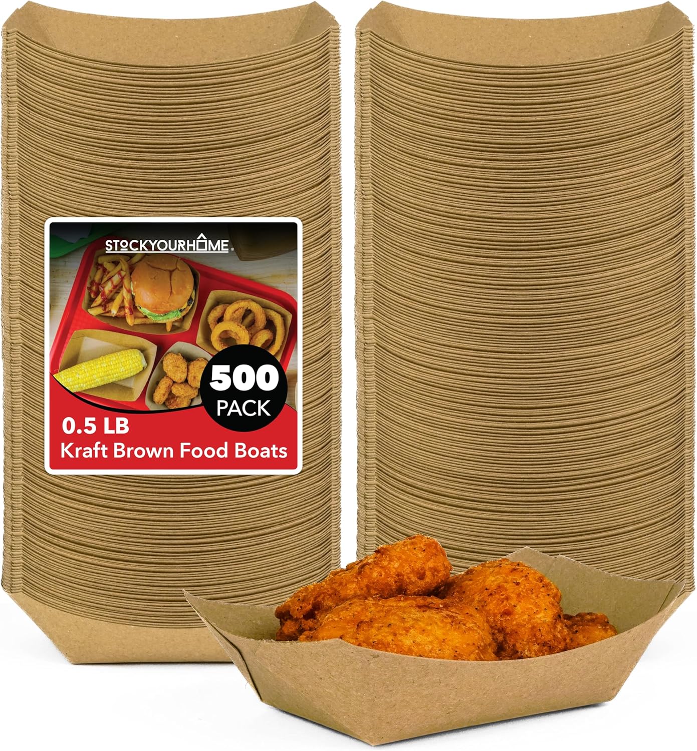 [250 Pack] Medium Disposable Brown Kraft Paper Food Trays, 1-Lb Concession Tray, Serving Boats for Party Snacks, Taco Bar, Seafood, Nachos Plates