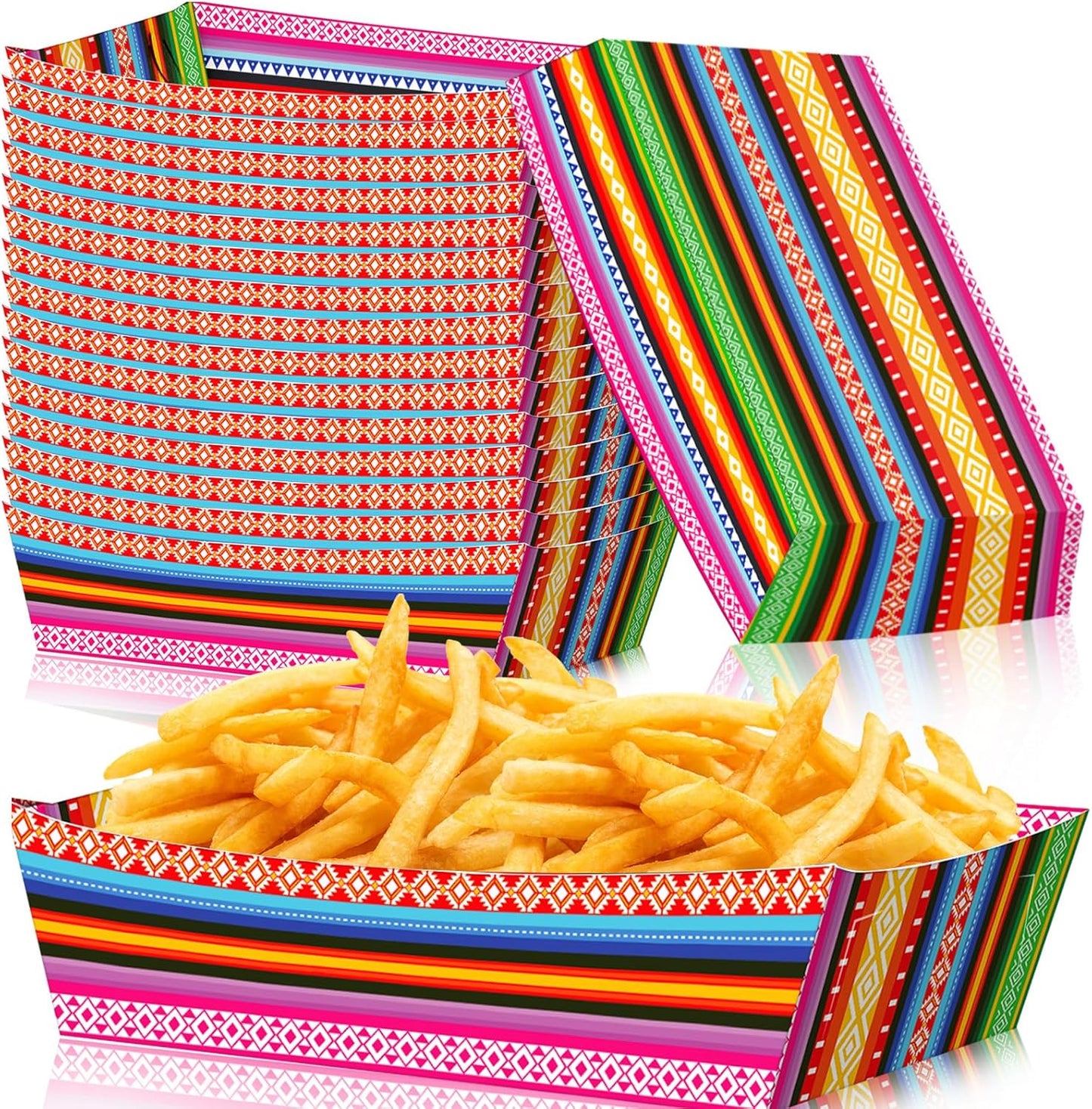 30 Pack Fiesta Mexican Food Trays, Floral and Serape Stripe Design Disposable Paper Serving Containers Boats for Taco Nights, Nachos, Fries, Popcorn, Snacks, Cinco de Mayo and Birthday Party Supplies