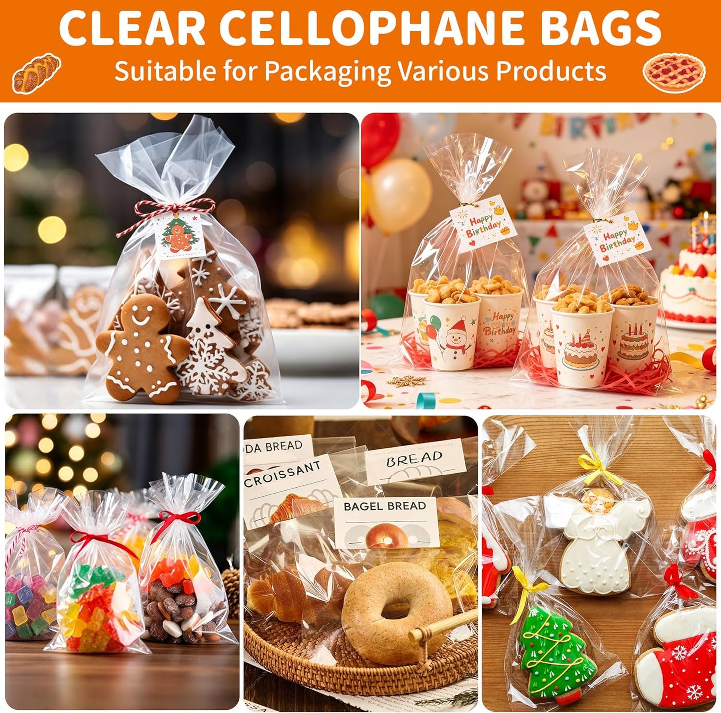 50pcs Clear Cellophane Treat Bags - 8 x 11 Inches Large Plastic Gift Bags with 60 Gold Twist Ties - Food Grade Cello Bags for Packaging Cookies, Candies, Popcorn, Bakery, Party Favors & DIY Crafts
