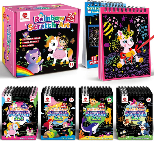 Mocoosy 24 Pack Scratch Art Party Favors for Kids Ages 4-8-12, Birthday Goodie Bag Stuffers, Rainbow Scratch Notebook Bulk, Coloring Books Art Craft Supplies Toddler Boy Girl Gifts Classroom Prizes