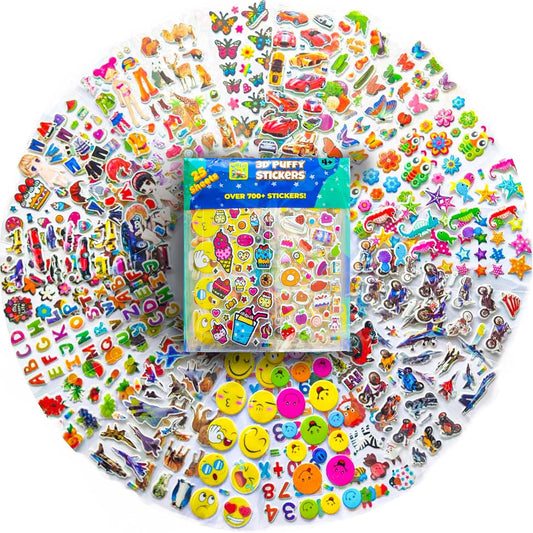 Puffy Stickers for Kids 45 Sheets - 3D Puffy Sheets - 1300+ Kids Stickers - Perfect for Party Bag Fillers, Sticker for Scrapbooking, Fun with Sticker of Cars, Letters, Numbers, Dinosaur, Stars & More