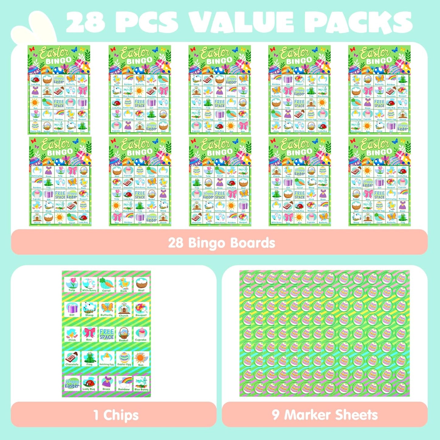 JOYIN 28 Players Easter Bingo Card (5x5) with Blue Color for Kids, Boys, Girls and Adults, Easter Games, School Classroom Activities and Easter Basket Stuffers