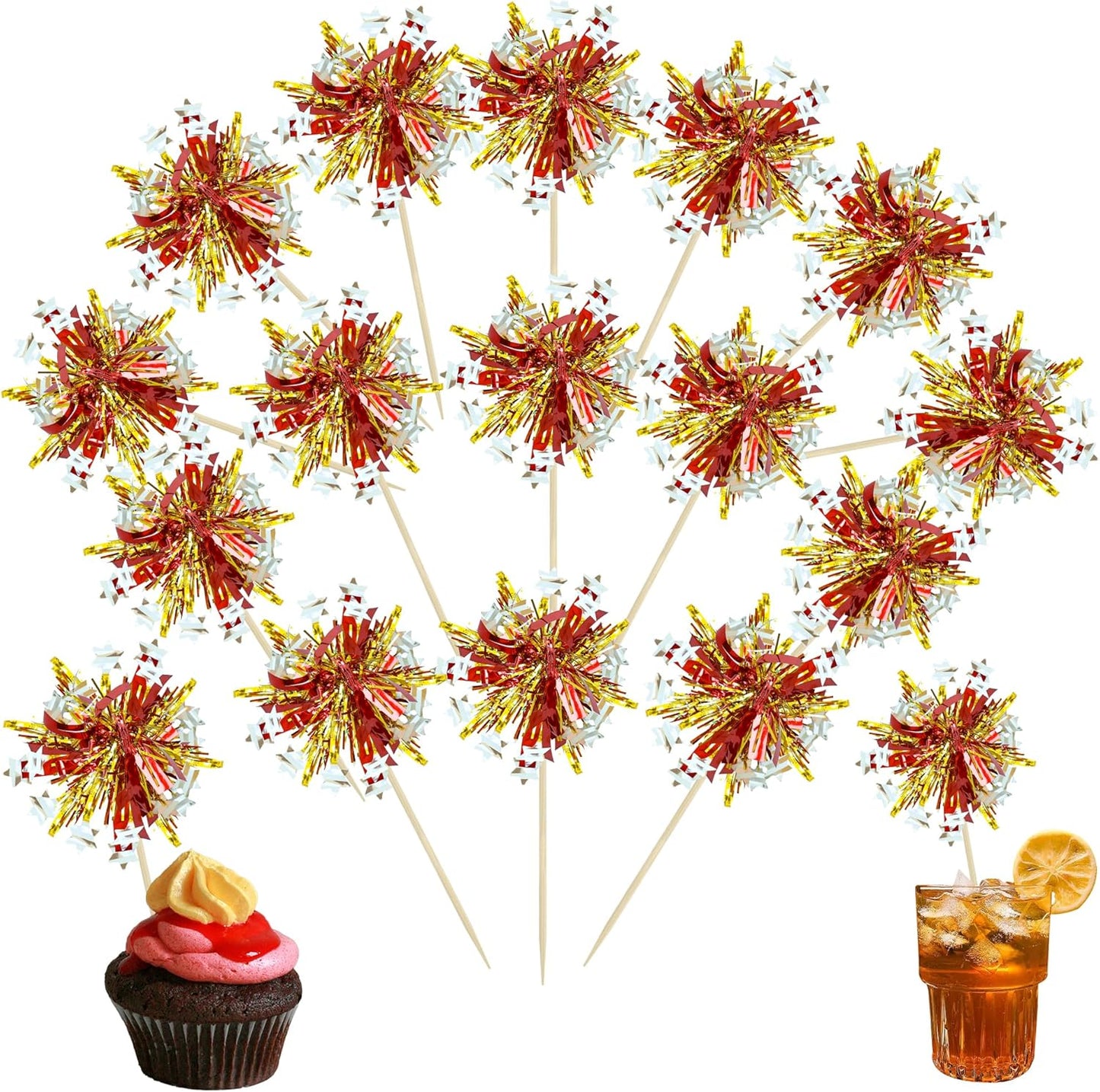 Ephlyn 30Pcs Foil Firework Cupcake Toppers Sparkle Tinsel Cupcake Picks Drink Stirrers Cocktail Food Fruit Toothpicks for Baby Shower Graduation Party Supplies White