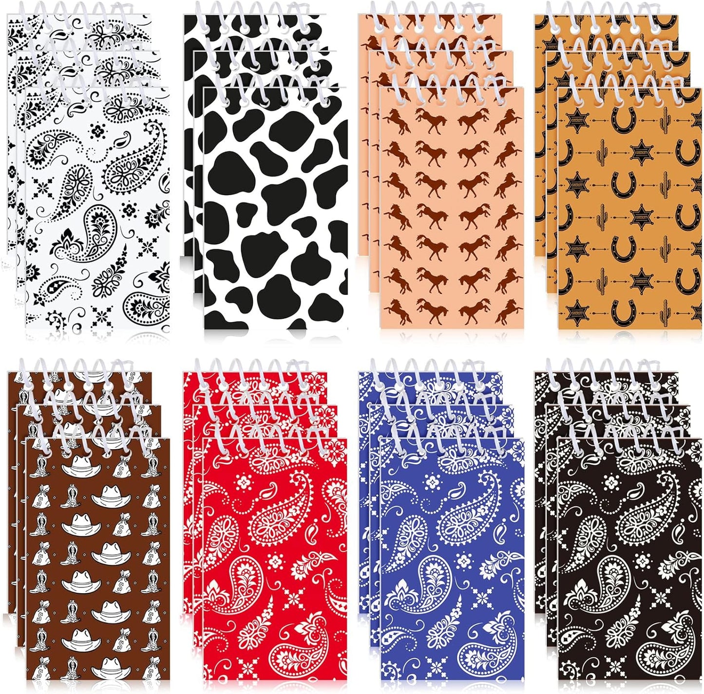 Teling 24 Pcs Western Cowboy Spiral Notebooks, Paisley, Cowboy Hat, Horseshoe, Cactus, Cow Pattern, Small Mini Notepads Cowboy-themed Stationery, Country-style Decor, Western Party Favors