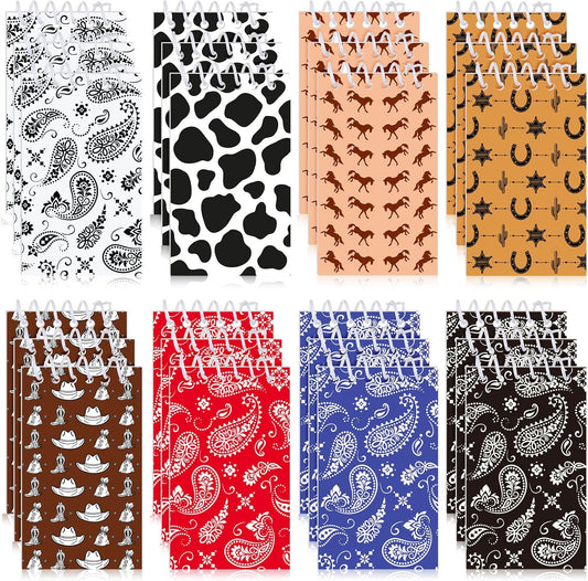 Teling 24 Pcs Western Cowboy Spiral Notebooks, Paisley, Cowboy Hat, Horseshoe, Cactus, Cow Pattern, Small Mini Notepads Cowboy-themed Stationery, Country-style Decor, Western Party Favors